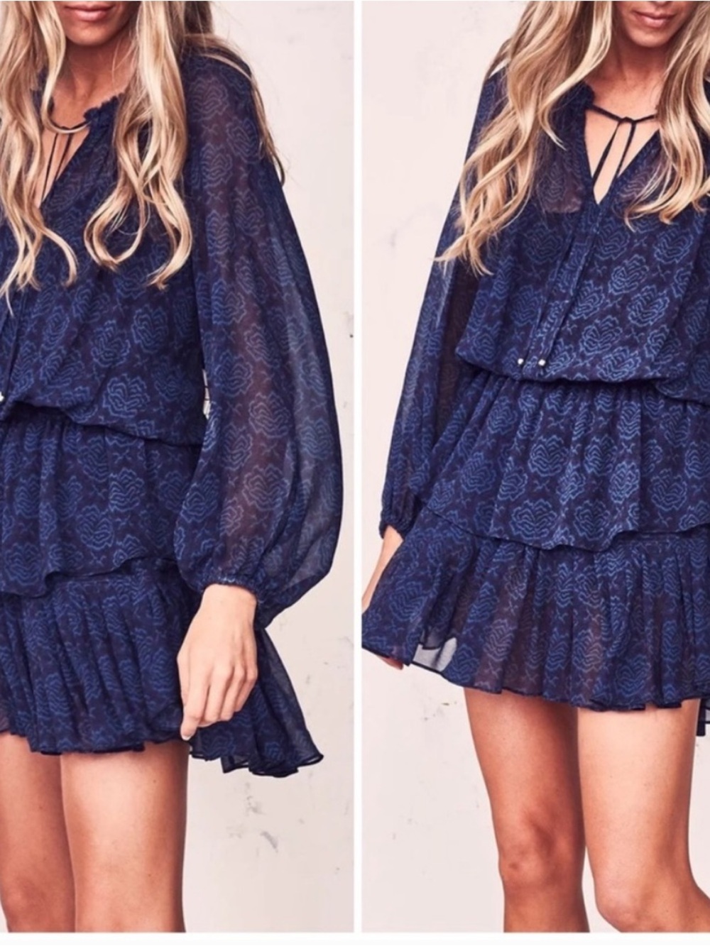 LoveShackFancy Navy Blue Tiered Long-Sleeve Mini Dress